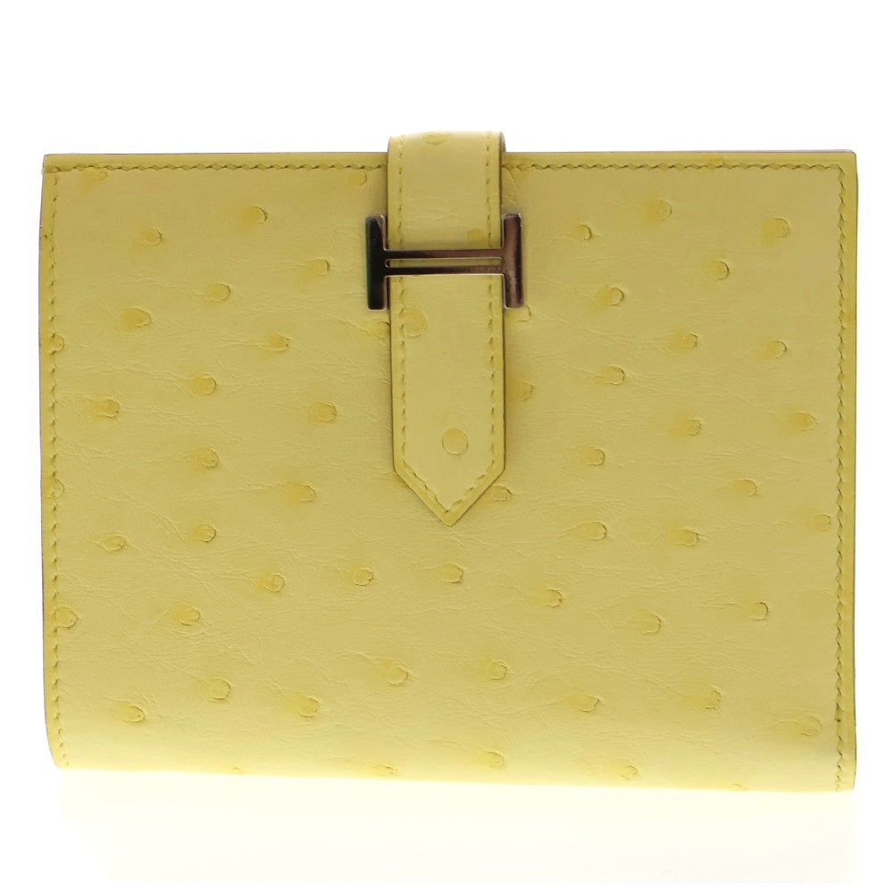 HERMES(エルメス) ベアン オーストリッチ コンパクトウォレット リモンチェッロ レザー 二つ折り財布 イエロー W刻印