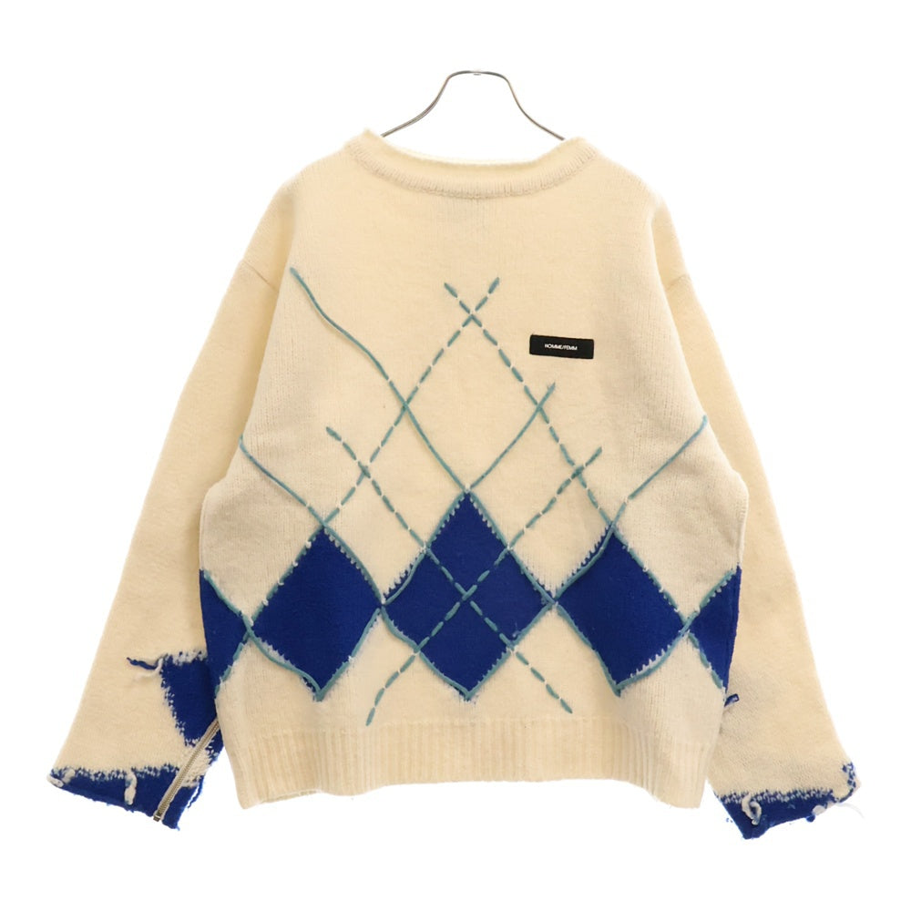 SYU.HOMME/FEMM(シュウ オム フェム) 19AW Interstate Argyle アーガイル サイドジップ ウール ニット セーター アイボリー H19AW-13