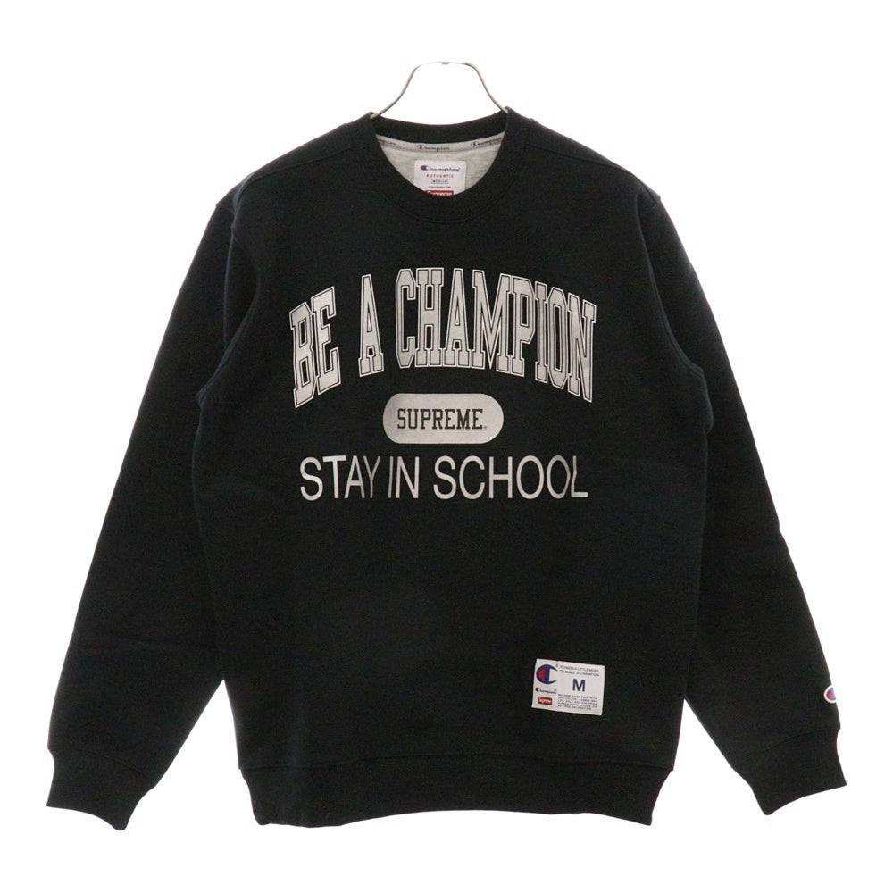 SUPREME(シュプリーム) 18SS Champion Stay In School Crew Neck Sweatshirt メタリックロゴプリントクルーネックスウェットトレーナー ブラック