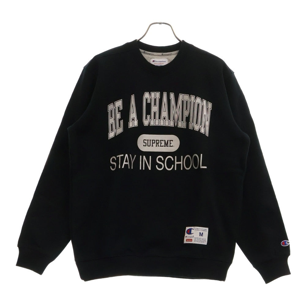 SUPREME(シュプリーム) 18SS Champion Stay In School Crew Neck Sweatshirt メタリックロゴプリントクルーネックスウェットトレーナー ブラック
