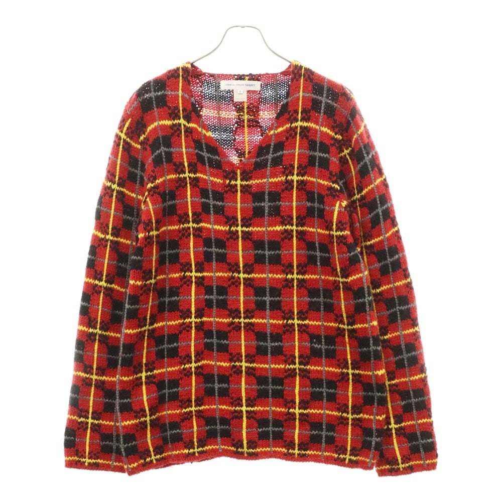COMME des GARCONS SHIRT(コムデギャルソンシャツ) Vネック ウール チェック ニット セーター レッド W18520
