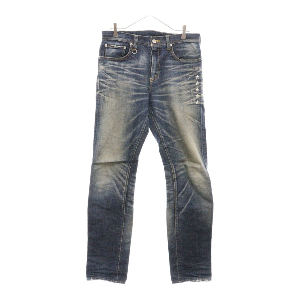 UNIFORM EXPERIMENT(ユニフォームエクスペリメント) 15AW スリムフィット ストレッチ ダメージ加工 スタープリント デニムパンツ インディゴ UE-156141