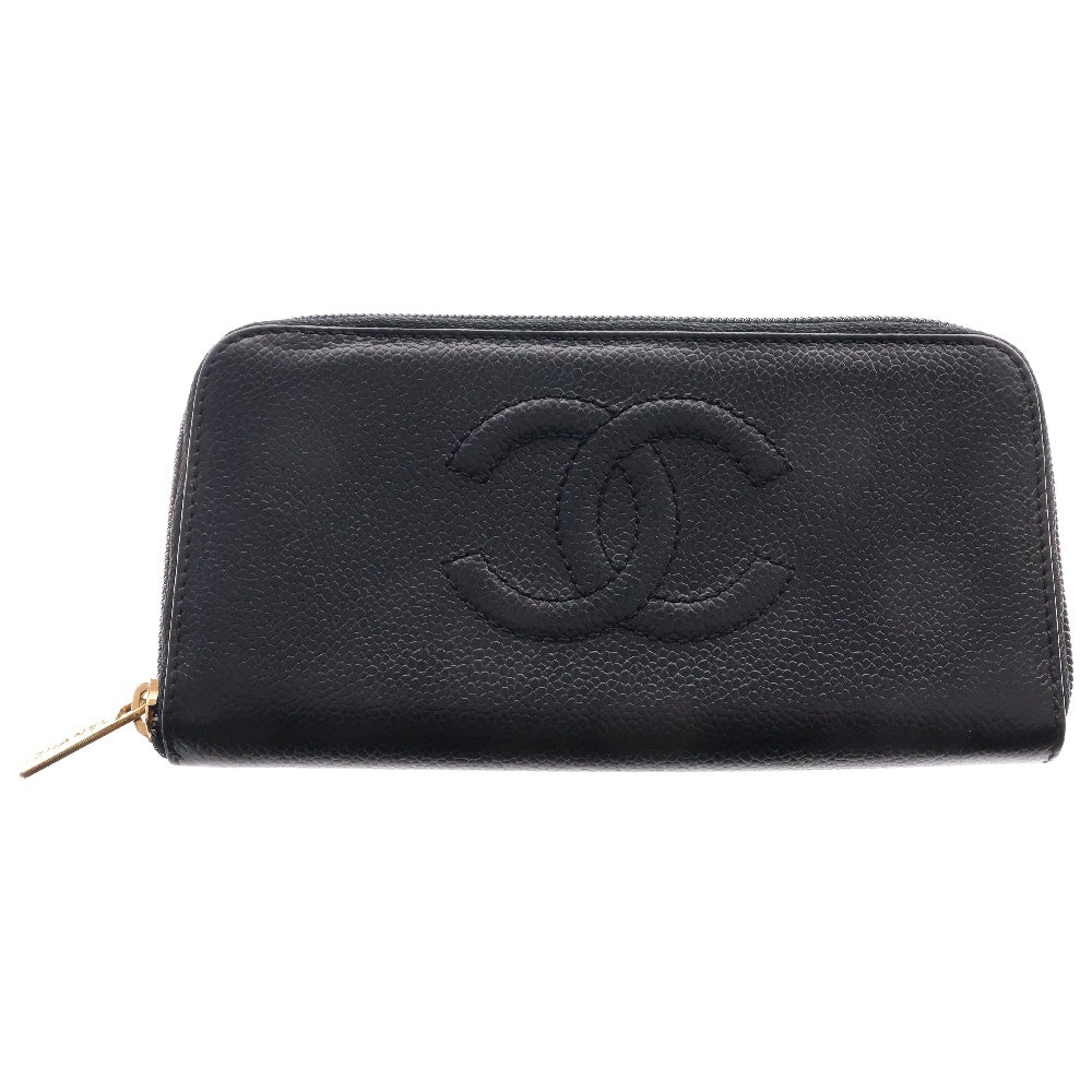 CHANEL(シャネル) ココマーク ロゴ キャビアスキン レザー ラウンドジップ ウォレット 長財布 ブラック 5番台