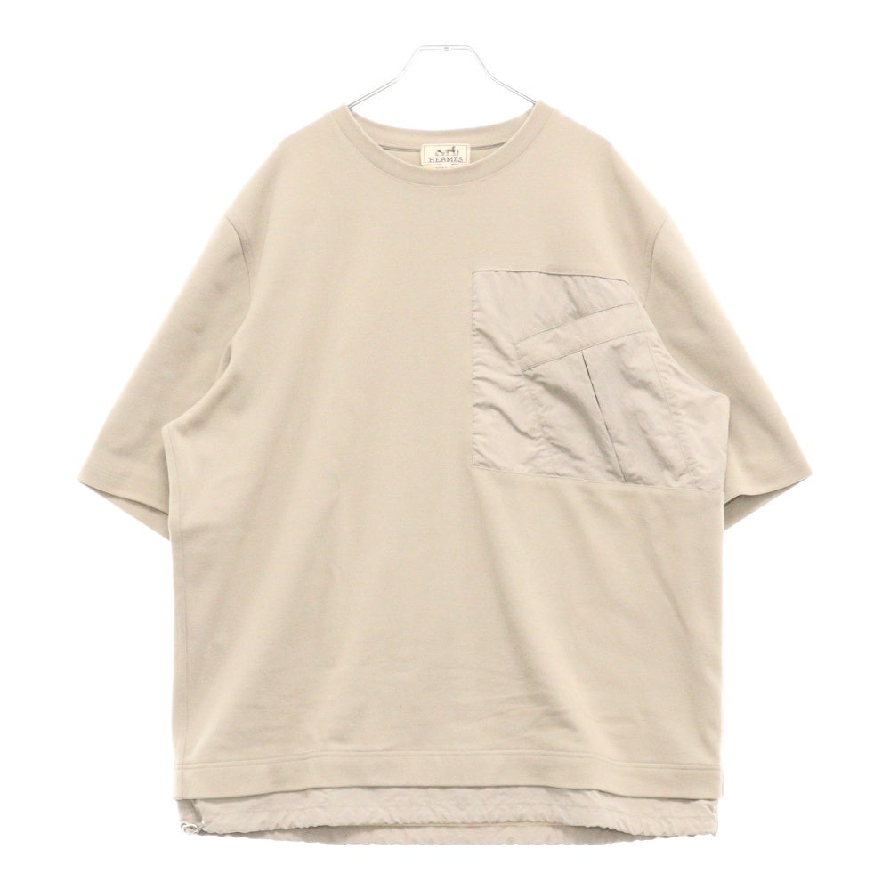 HERMES(エルメス) コットン ナイロン切替 ポケット付き クルーネック 半袖Tシャツ カットソー グレー