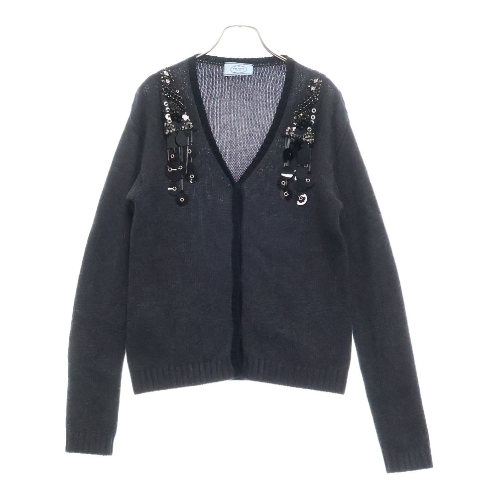 PRADA(プラダ) ビジュー ラインストーン 装飾 カシミヤ ニット カーディガン グレー レディース P25E27 S161