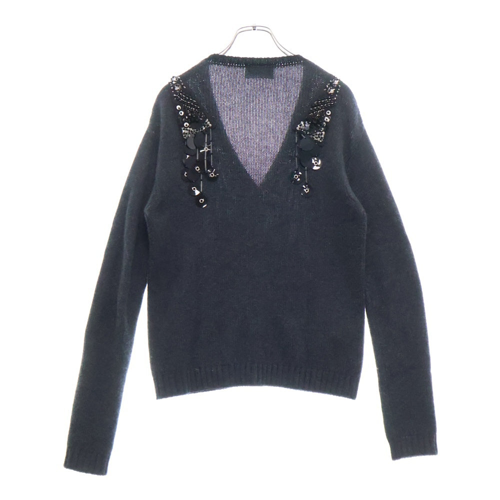 PRADA(プラダ) ビジュー ラインストーン 装飾 カシミヤ ニット カーディガン グレー レディース P25E27 S161