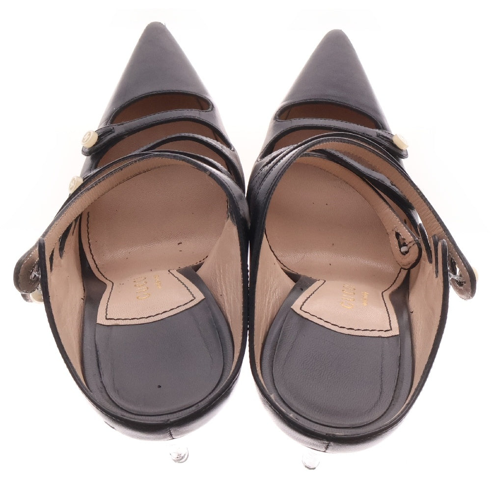 GUCCI(グッチ) ポインテッドトゥ ボタン ストラップ レザー ヒール パンプス ブラック レディース