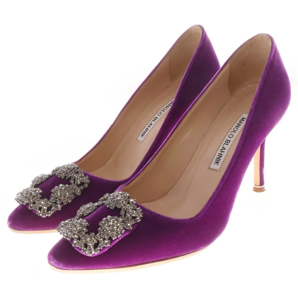 MANOLO BLAHNIK(マノロブラニク) ハンギシ ビジュー ラインストーン ベルベット ヒール パンプス パープル レディース