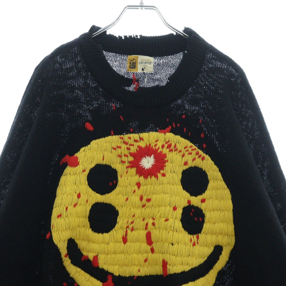 SAINT MICHAEL(セントマイケル) CREW KNT SMILE スマイル ダメージ加工 プルオーバーニット セーター ブラック SM-YS1-0000-C07