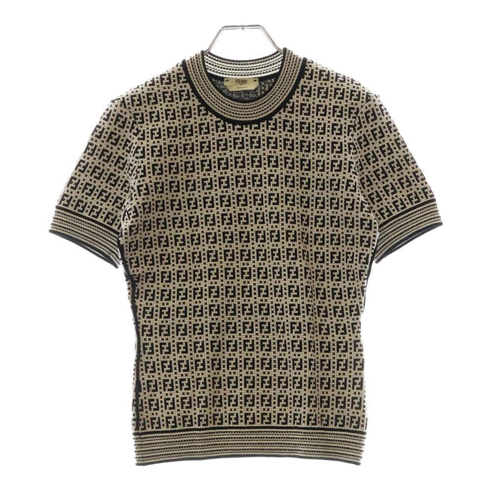 FENDI(フェンディ) FFロゴ ズッカ柄 レーヨン 半袖ニット Tシャツ カットソー ホワイト/ブラック レディース FZX649 AF4U