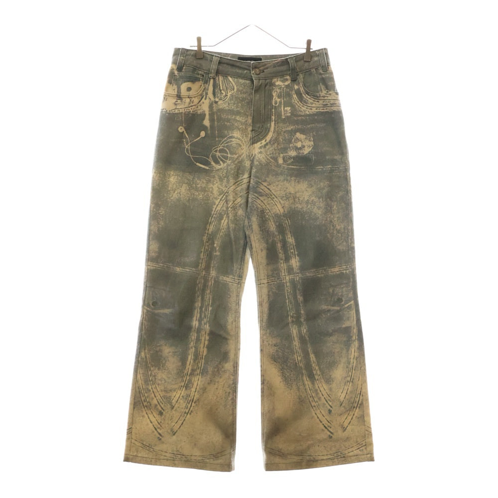 NO/FAITH STUDIOS(ノーフェイスストゥディオス) PRINTED DENIM BEI USED LOOK PRINTED プリント フレア デニム パンツ ブルー