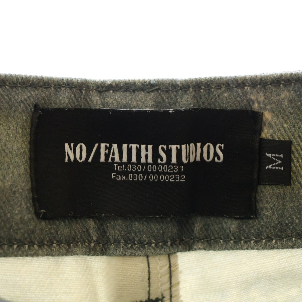 NO/FAITH STUDIOS(ノーフェイスストゥディオス) PRINTED DENIM BEI USED LOOK PRINTED プリント フレア デニム パンツ ブルー