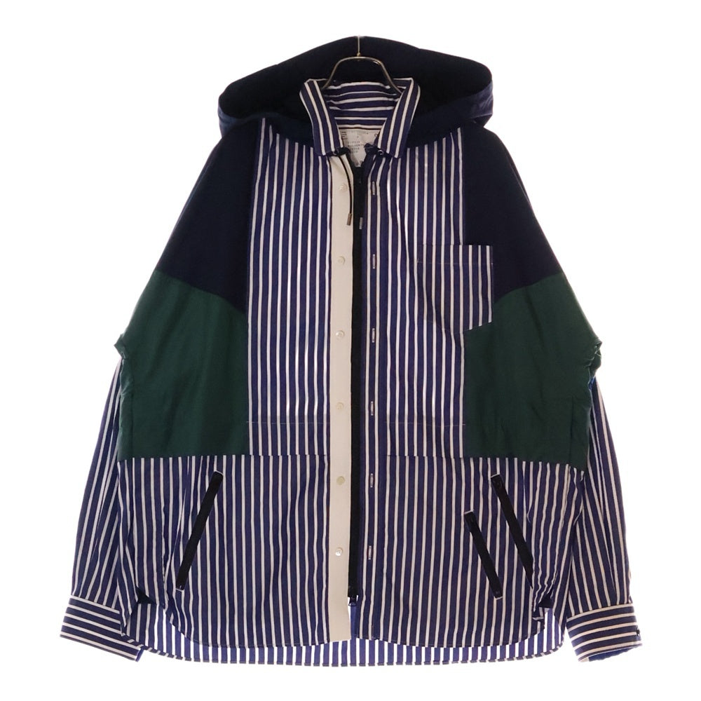 Sacai(サカイ) 21AW Cotton Poplin Shirt コットン ポプリン ストライプ ジップアップ フーデッド シャツ ジャケット ブルー 21-02582M