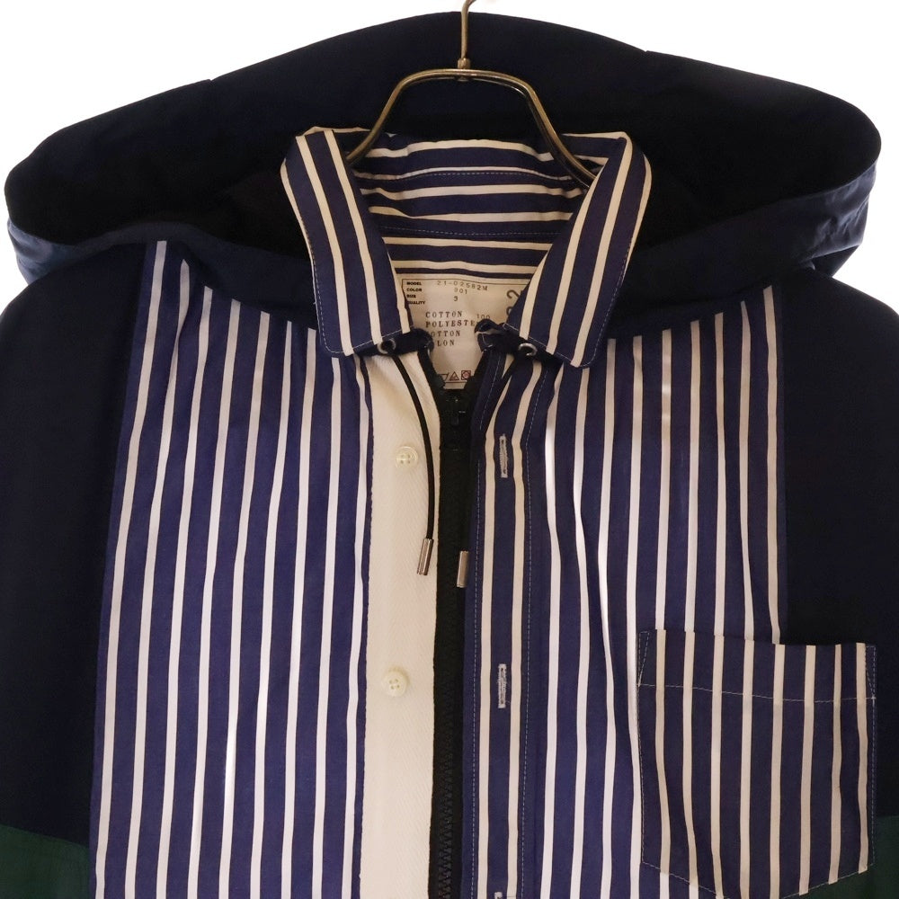Sacai(サカイ) 21AW Cotton Poplin Shirt コットン ポプリン ストライプ ジップアップ フーデッド シャツ ジャケット ブルー 21-02582M