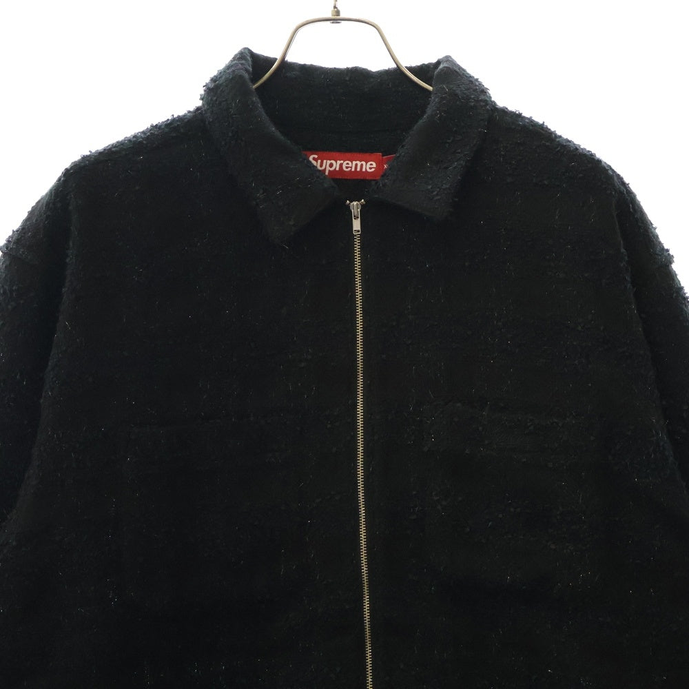 SUPREME(シュプリーム) 24AW Boucle Zip Up Shirt ポケットロゴ刺繍 ブークレ ツイード ジップアップ ジャケット ブラック