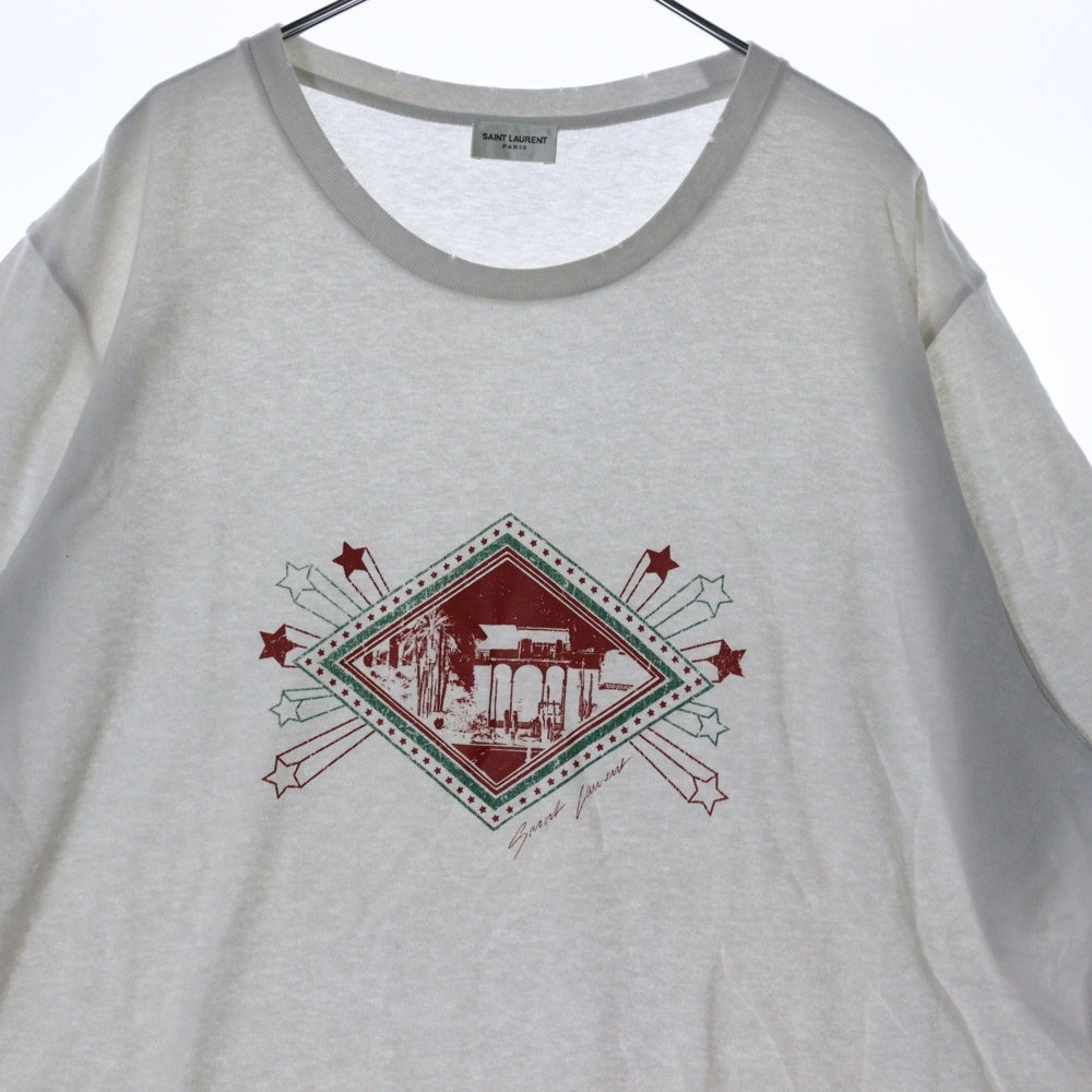 SAINT LAURENT PARIS(サンローランパリ) 19SS Jardin Majorelle ジョルダンマジョレル ダメージ加工 プリント クルーネック 半袖Tシャツ カットソー ホワイト 603303 YBPB2
