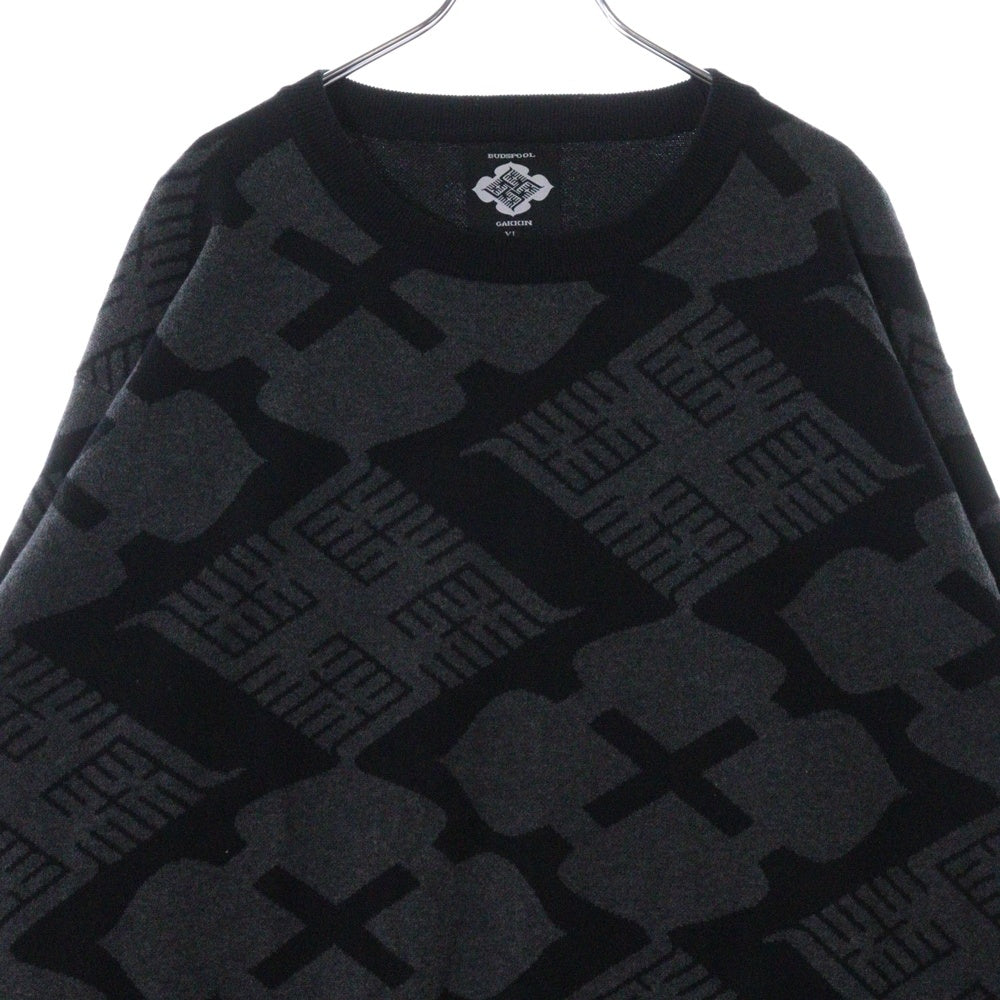BUDSPOOL(バッズプール) ×GAKKIN JACQUARD CREW NECK SWEATER ガッキン 花罰 総柄ニット セーター ブラック