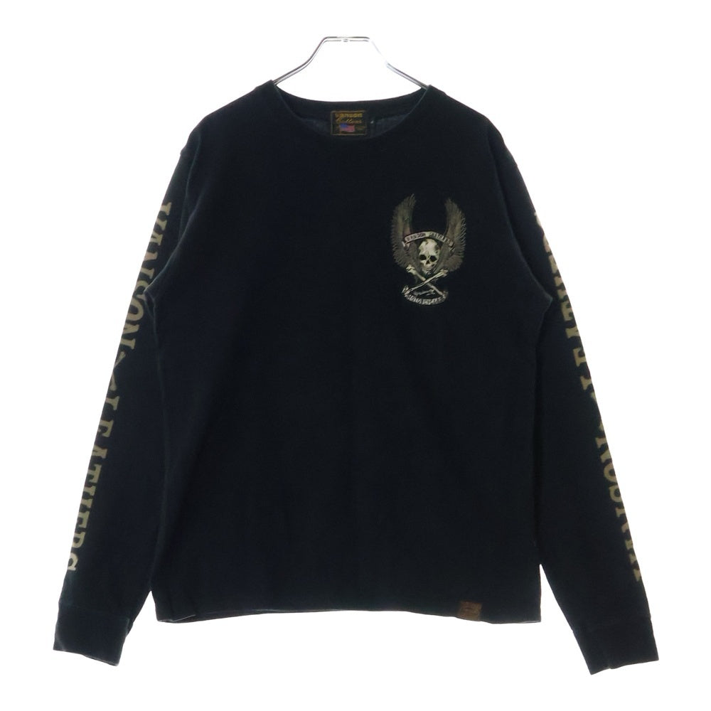 VANSON(バンソン) スカル刺繍 袖ロゴプリント クルーネック長袖Tシャツ カットソー ブラック