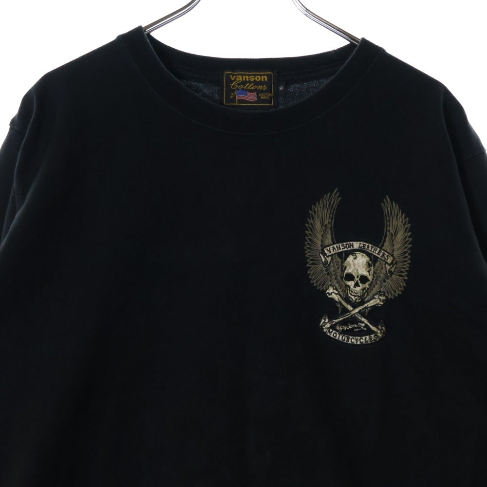 VANSON(バンソン) スカル刺繍 袖ロゴプリント クルーネック長袖Tシャツ カットソー ブラック