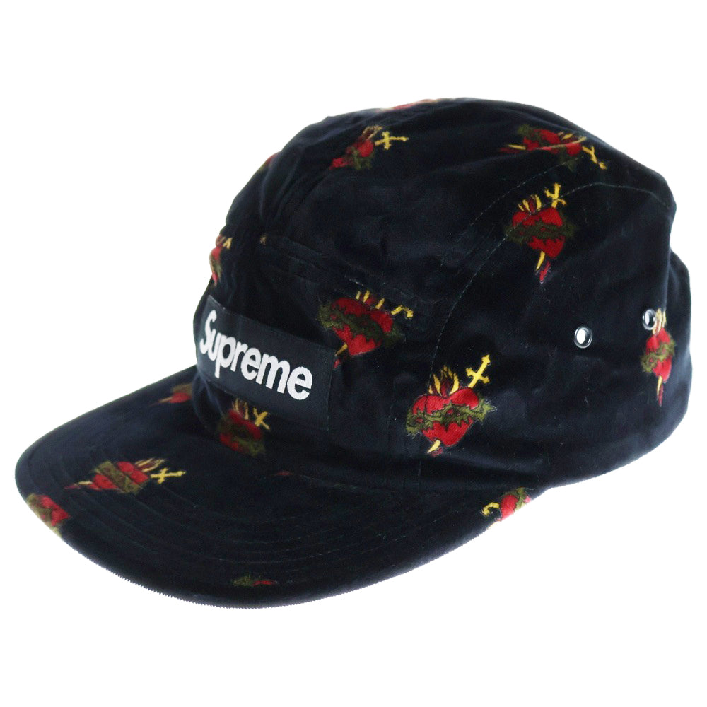 SUPREME(シュプリーム) 17AW Sacred Hearts Camp Cap ボックスロゴ セイクリッドハート 総柄 ベロア キャンプキャップ 帽子 ブラック