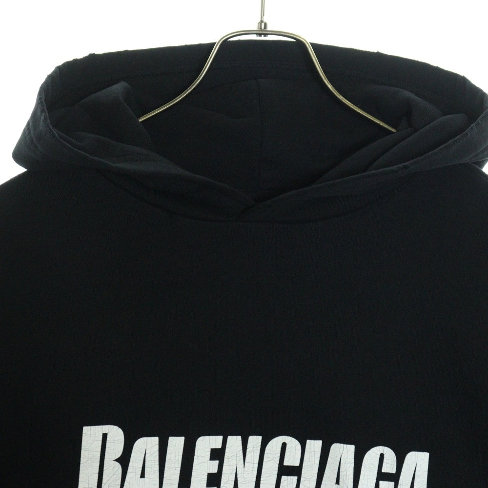 BALENCIAGA(バレンシアガ) 22AW Destroyed Logo-Print Hoodie デストロイダメージ加工 ロゴプリント スウェット プルオーバーパーカー フーディー ブラック 729361 TNVL2