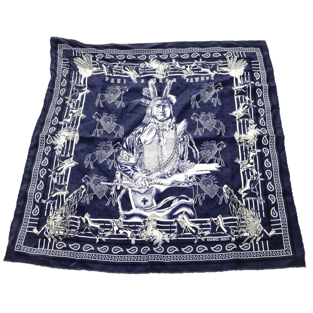 HERMES(エルメス) カレ55 Pain La Shar Pawnee Carres パウニー族の首長 総柄シルクスカーフ バンダナ ネイビー