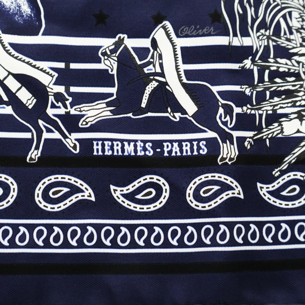 HERMES(エルメス) カレ55 Pain La Shar Pawnee Carres パウニー族の首長 総柄シルクスカーフ バンダナ ネイビー