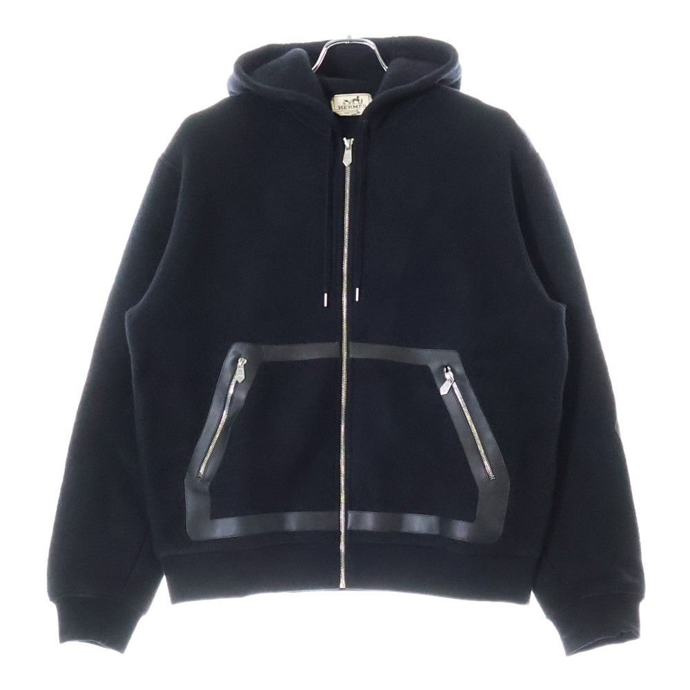 HERMES(エルメス) ウールカシミヤ混レザー切替ジップアップパーカー ジャケット ブラック