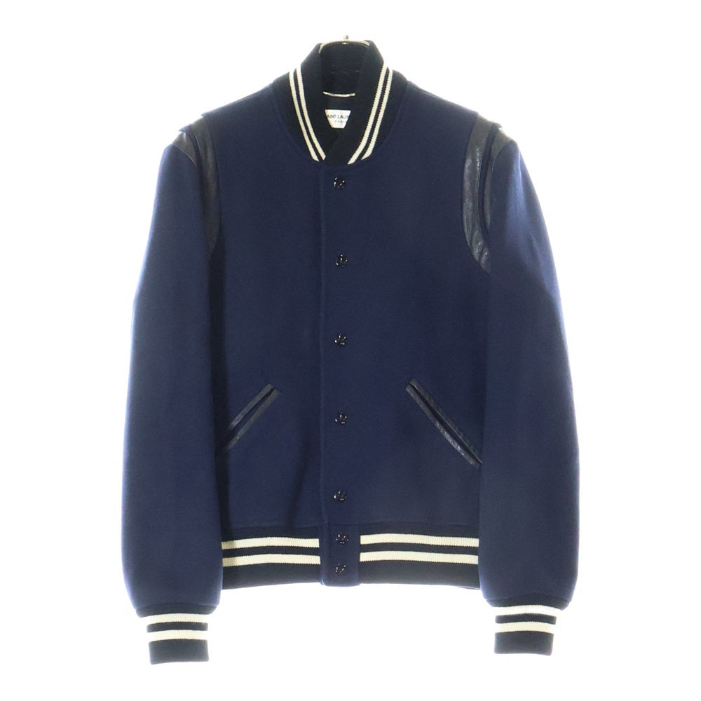 SAINT LAURENT PARIS(サンローランパリ) エディ期 TEDDY JACKET テディジャケット レザートリム ウール スタジアムジャンパー ネイビー 354718 YYL80