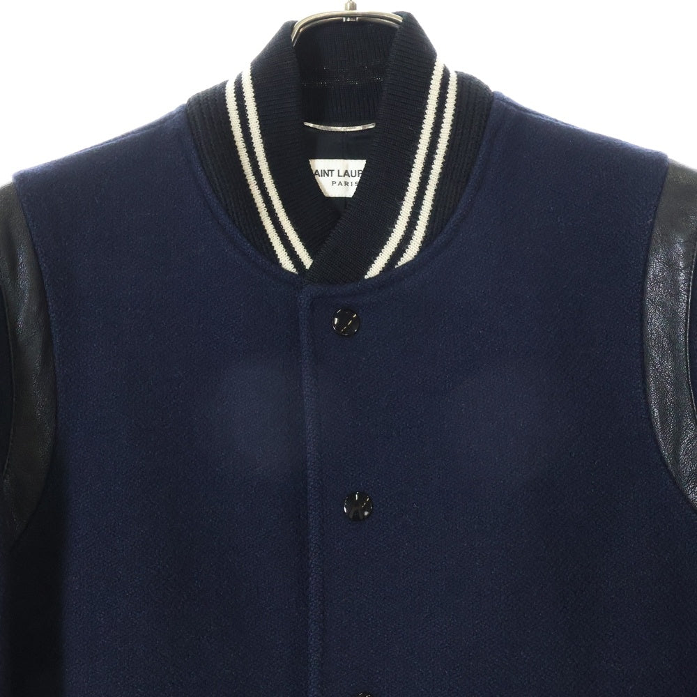 SAINT LAURENT PARIS(サンローランパリ) エディ期 TEDDY JACKET テディジャケット レザートリム ウール スタジアムジャンパー ネイビー 354718 YYL80