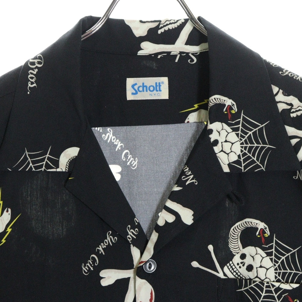 SCHOTT(ショット) スカル柄 ロゴプリント レーヨン オープンカラー 半袖シャツ ブラック 3105039