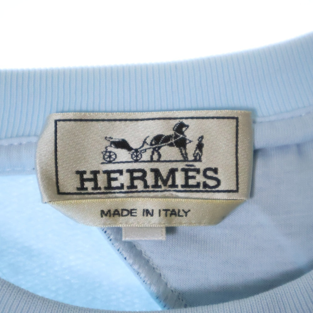 HERMES(エルメス) ランH ラインデザイン クルーネック スウェット半袖Tシャツ ライトブルー