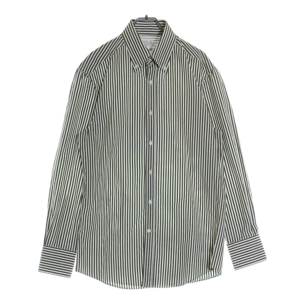BRUNELLO CUCINELLI(ブルネロクチネリ) SLIM FIT スリムフィット コットン ストライプ 長袖シャツ ホワイト/カーキ