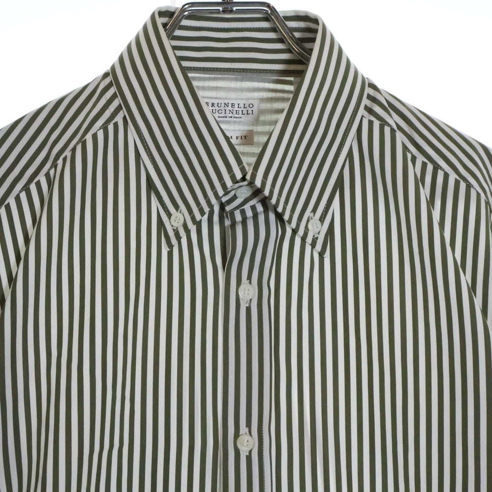 BRUNELLO CUCINELLI(ブルネロクチネリ) SLIM FIT スリムフィット コットン ストライプ 長袖シャツ ホワイト/カーキ