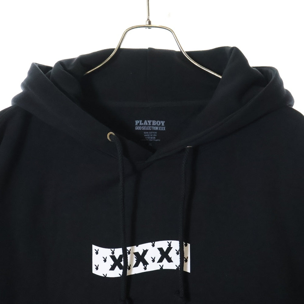 GOD SELECTION XXX(ゴッドセレクショントリプルエックス) ×PLAY BOY プレイボーイ 両面ロゴプリント プルオーバー スウェットパーカー フーディ ブラック 6014-849P