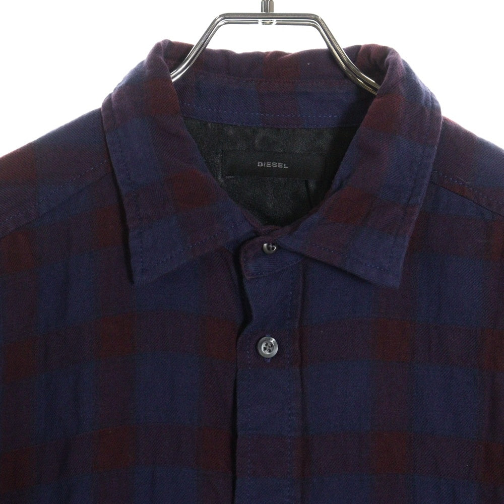 DIESEL(ディーゼル) ブロックチェック メタルロゴ ダメージ加工 長袖ネルシャツ ネイビー/パープル