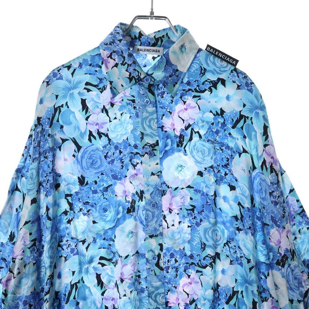 BALENCIAGA(バレンシアガ) 20SS ショルダータグ フローラル総柄 ロングスリーブ シルク 長袖シャツ ブルー 621885 TILB4 レディース