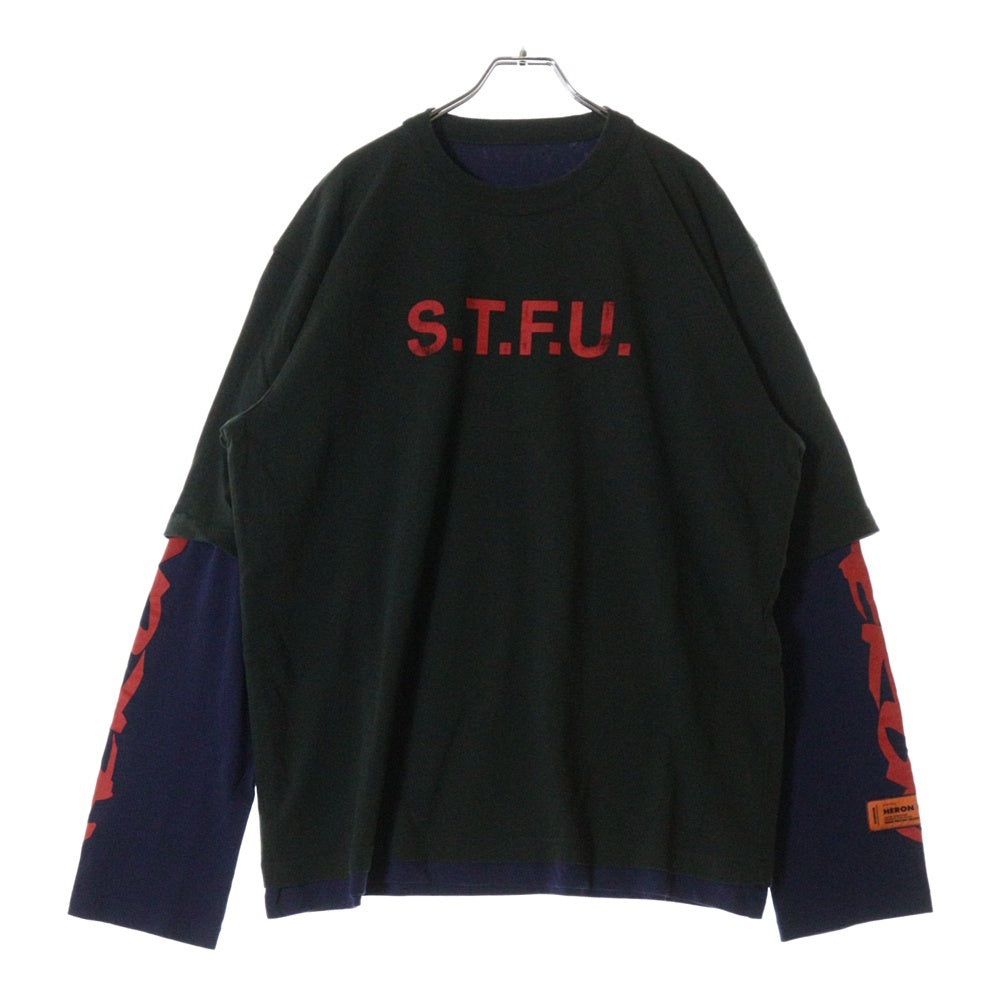 HERON PRESTON(ヘロンプレストン) 23AW PRESTONHP FLAMING DOUBLE TEE ヴィンテージ加工 レイヤード ロングスリーブ 長袖Tシャツ カットソー ブラック/レッド HMAB030F23JE0011025