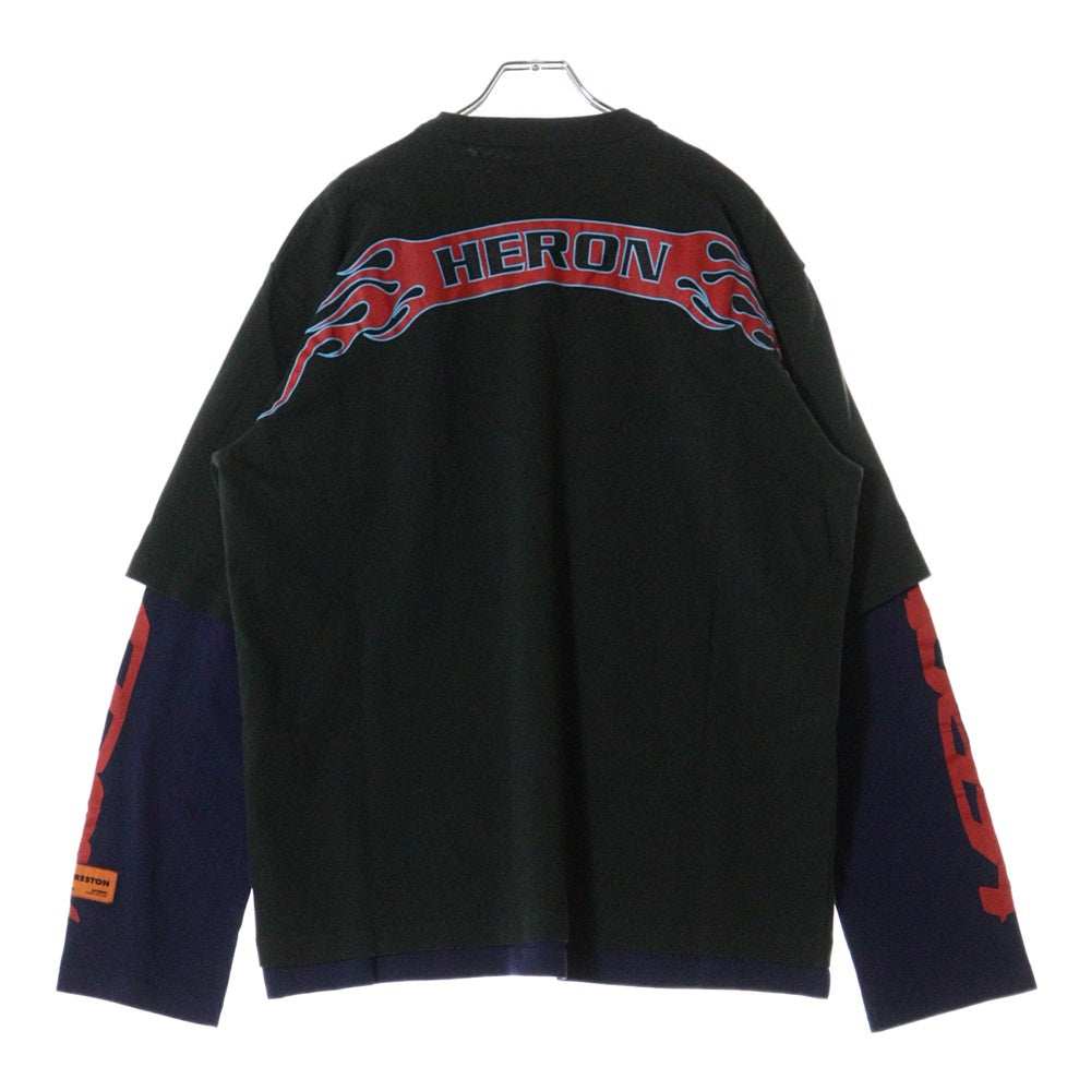 HERON PRESTON(ヘロンプレストン) 23AW PRESTONHP FLAMING DOUBLE TEE ヴィンテージ加工 レイヤード ロングスリーブ 長袖Tシャツ カットソー ブラック/レッド HMAB030F23JE0011025