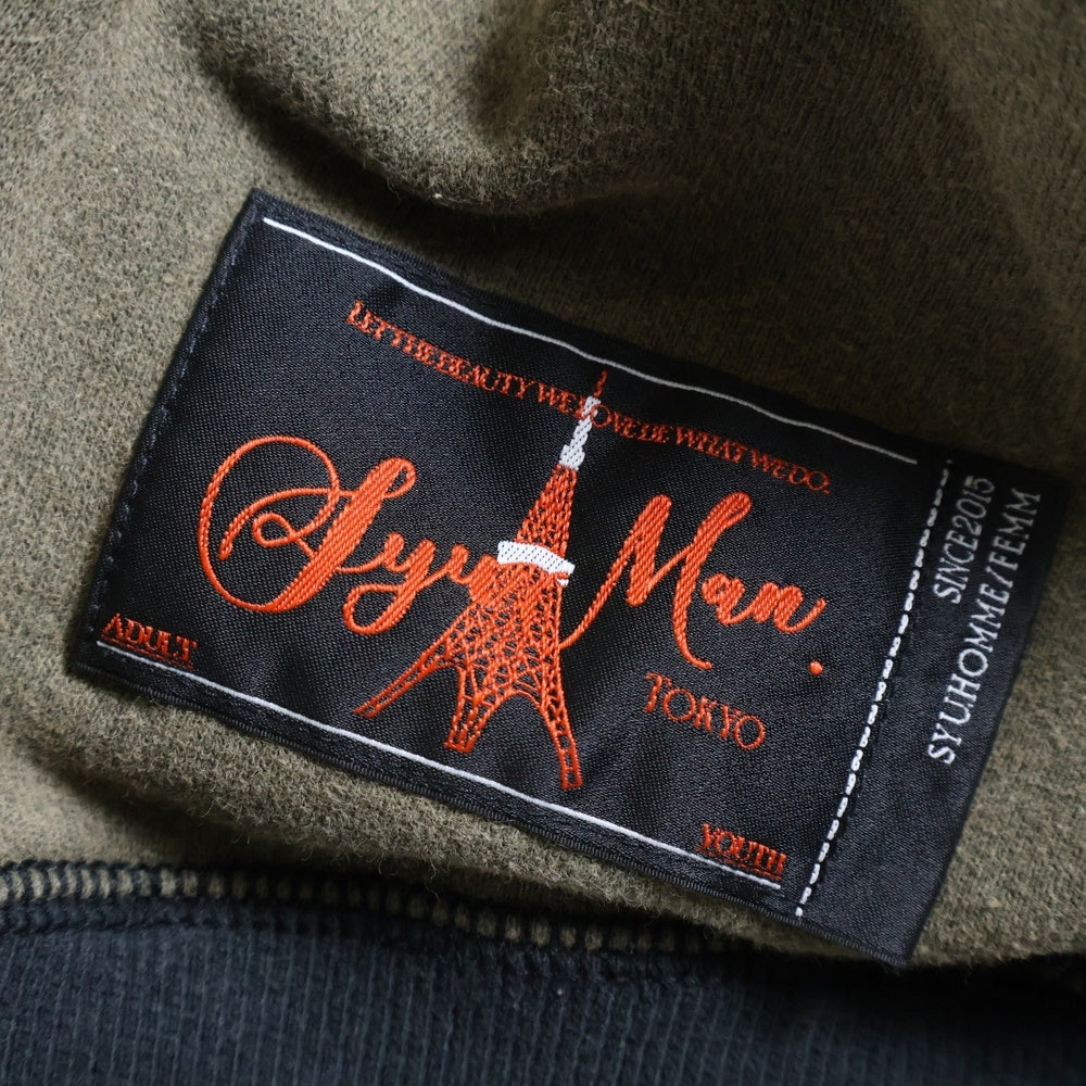 SyuMan(シューマン) 23AW FREEDOM SLEEVE SWEAT-HOODIE フリーダムスリーブ 袖切替 ラグラン プルオーバーパーカー フーディ ブラウン/パープル AD23aw-03