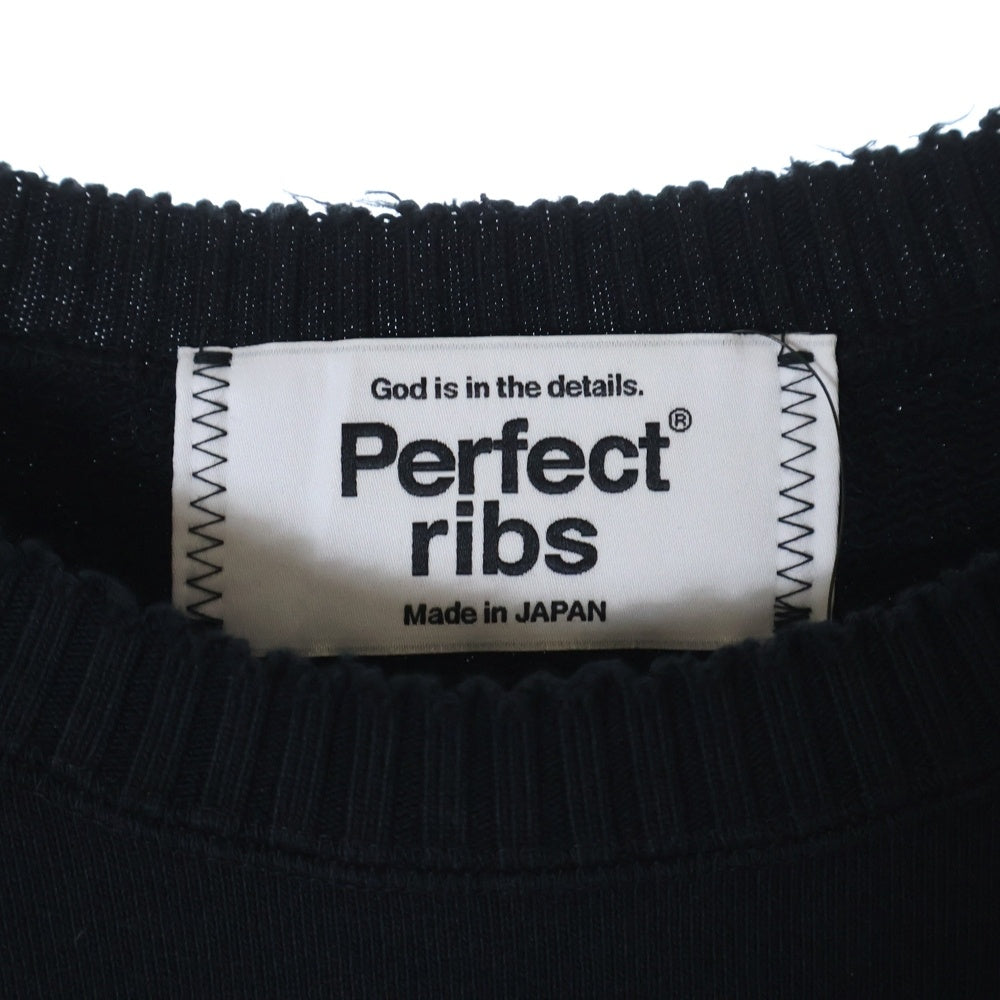 Perfect Ribs(パーフェクトリブス) 23AW STRANGE SLEEVE CREW NECK SWEAT SHIRT フェルトパッチ リブニット切替 クルーネック スウェットトレーナー ブラック