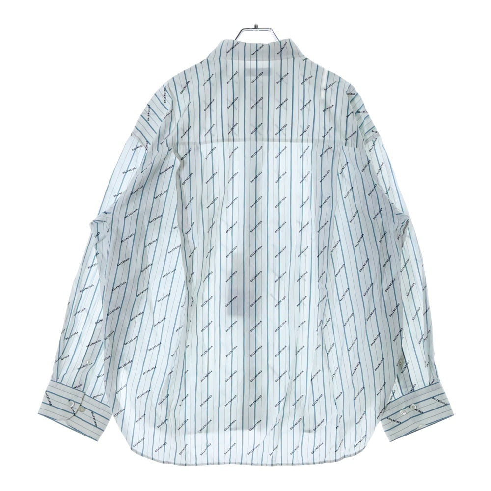 BALENCIAGA(バレンシアガ) ロゴ総柄 ストライプ 長袖シャツ ホワイト/グリーン/ブルー 527818 TELA1