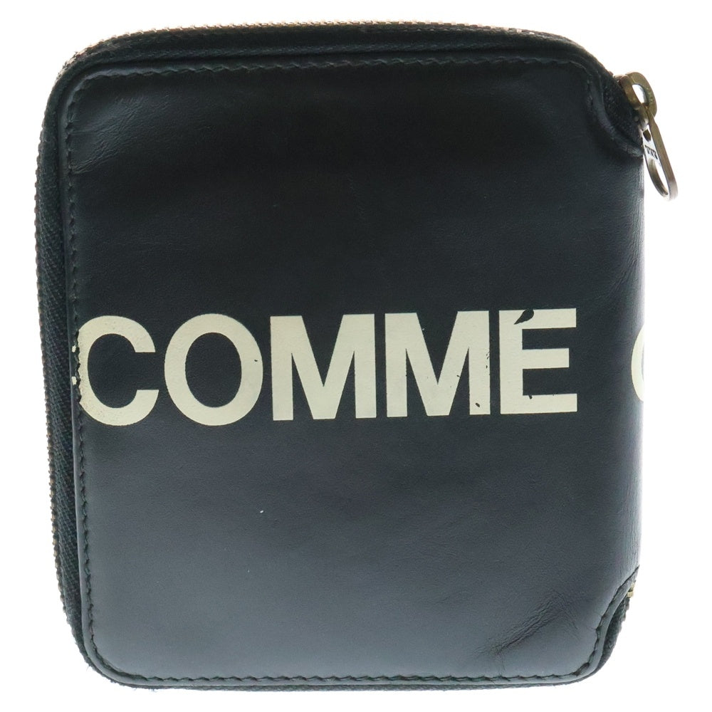 COMME des GARCONS(コムデギャルソン) ロゴプリント スクエア レザー ラウンドジップ コンパクト ウォレット 二つ折り財布 ブラック SA2100HL