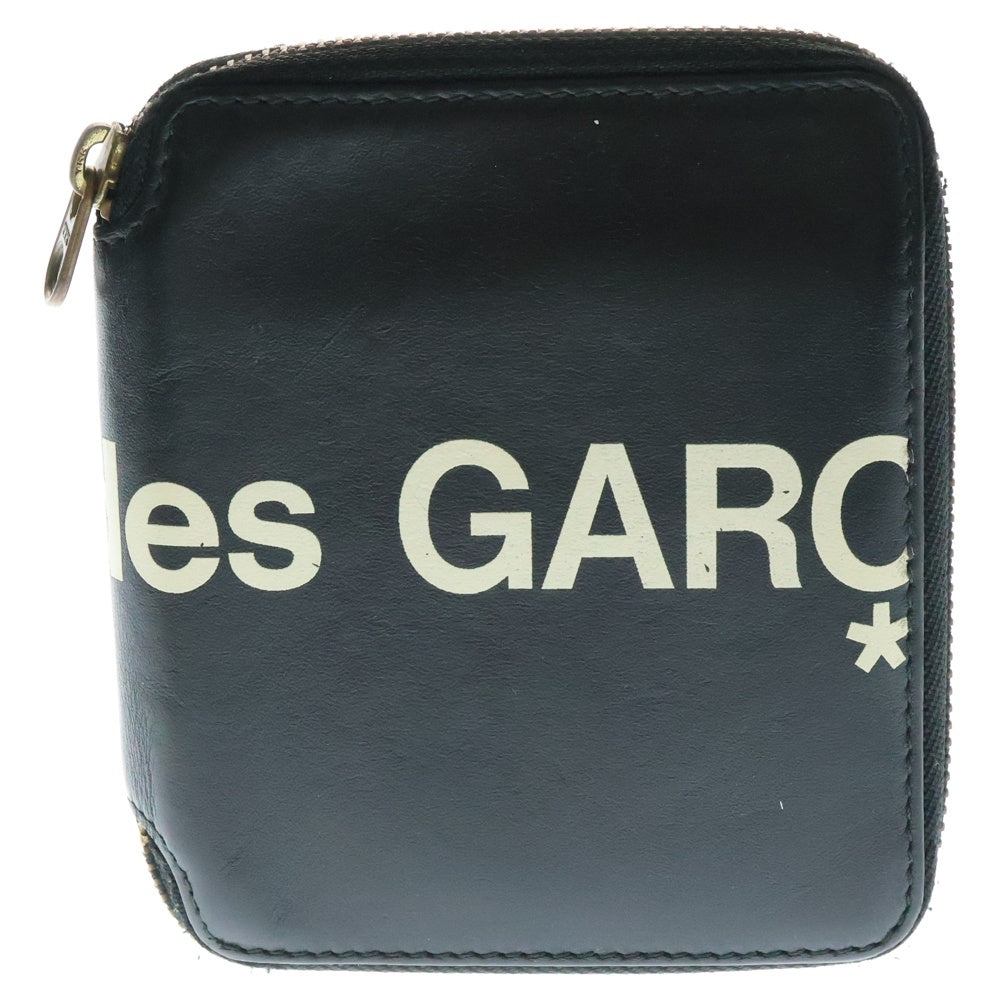 COMME des GARCONS(コムデギャルソン) ロゴプリント スクエア レザー ラウンドジップ コンパクト ウォレット 二つ折り財布 ブラック SA2100HL