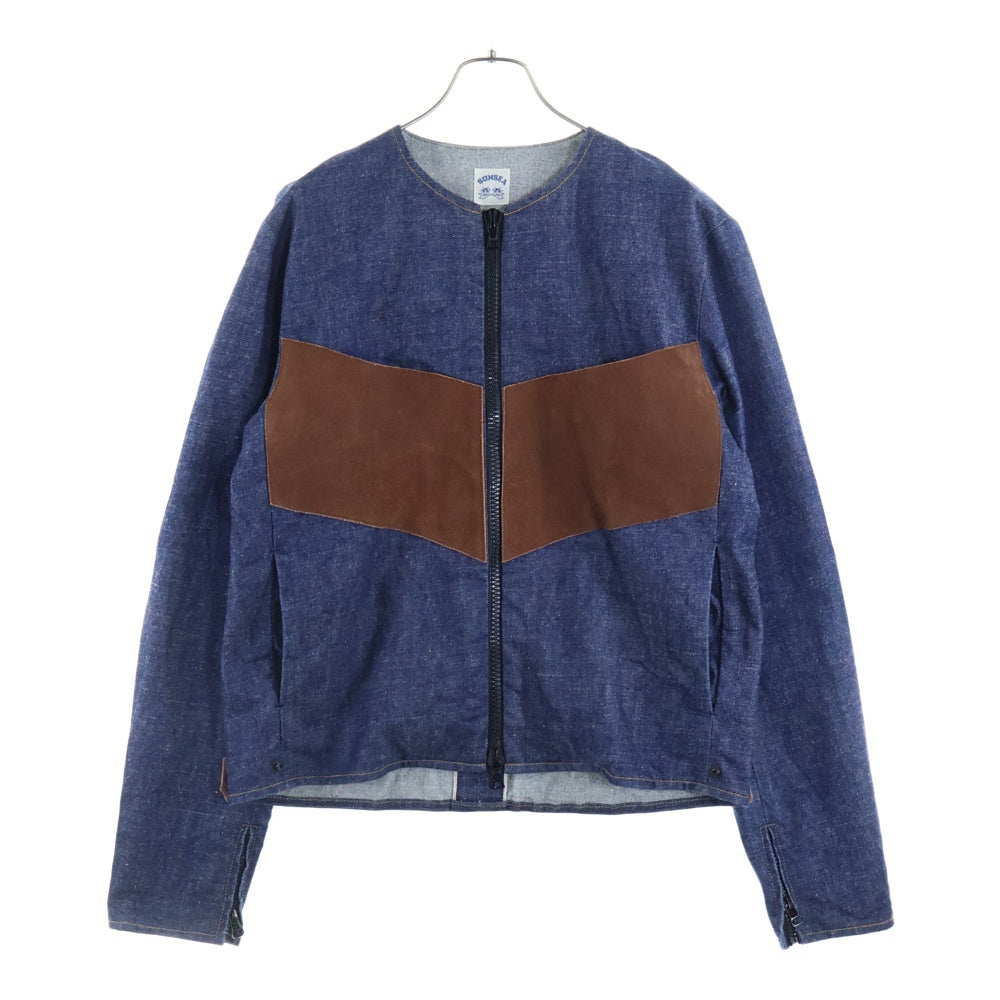 SUNSEA(サンシー) 17AW DENIM SUEDE BLOUSON スウェード切り替え エルボーパッチ ノーカラー デニムブルゾンジャケット インディゴ/ブラウン 17A26
