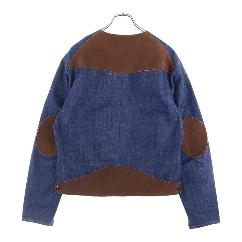 SUNSEA(サンシー) 17AW DENIM SUEDE BLOUSON スウェード切り替え エルボーパッチ ノーカラー デニムブルゾンジャケット インディゴ/ブラウン 17A26