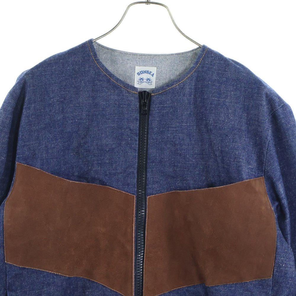 SUNSEA(サンシー) 17AW DENIM SUEDE BLOUSON スウェード切り替え エルボーパッチ ノーカラー デニムブルゾンジャケット インディゴ/ブラウン 17A26