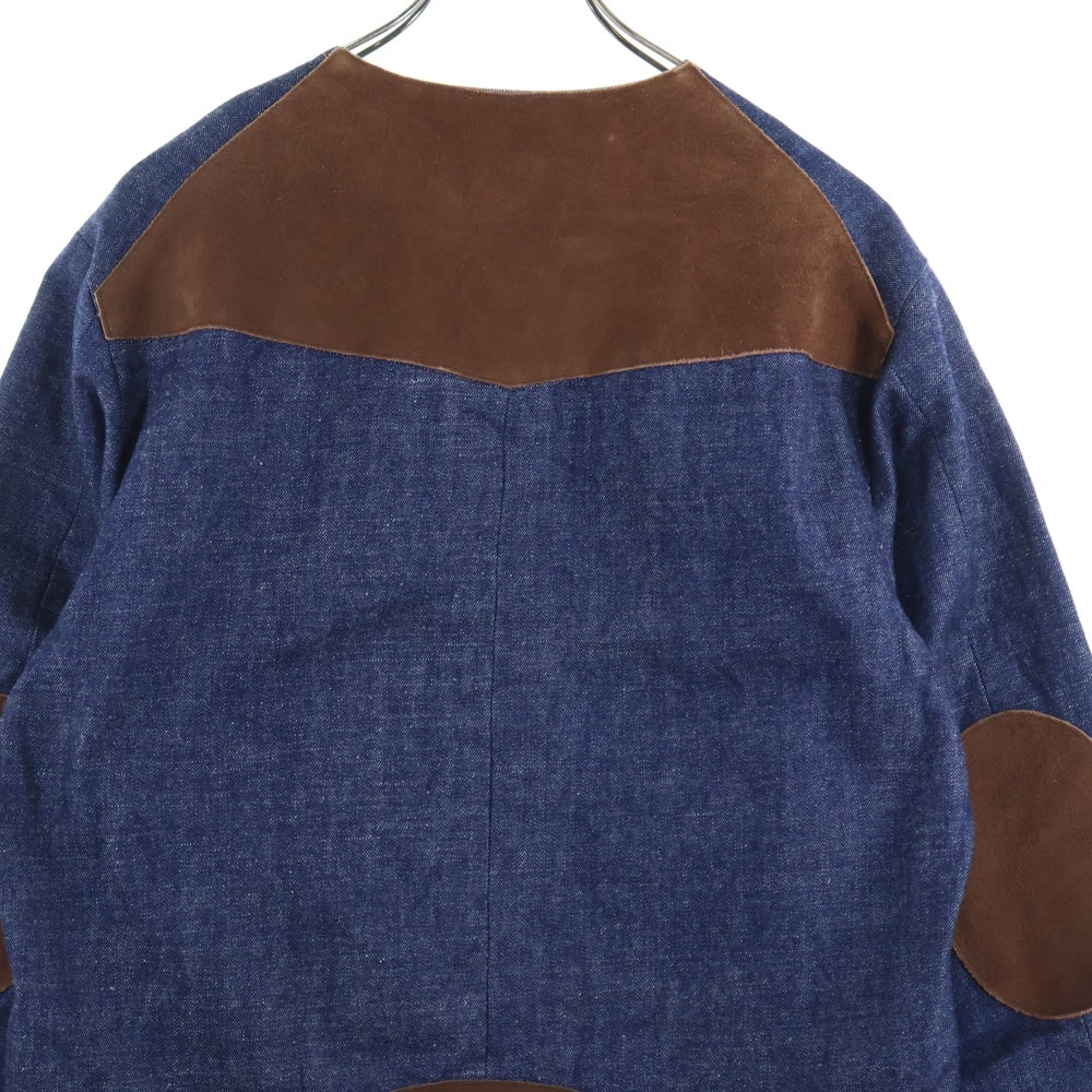 SUNSEA(サンシー) 17AW DENIM SUEDE BLOUSON スウェード切り替え エルボーパッチ ノーカラー デニムブルゾンジャケット インディゴ/ブラウン 17A26