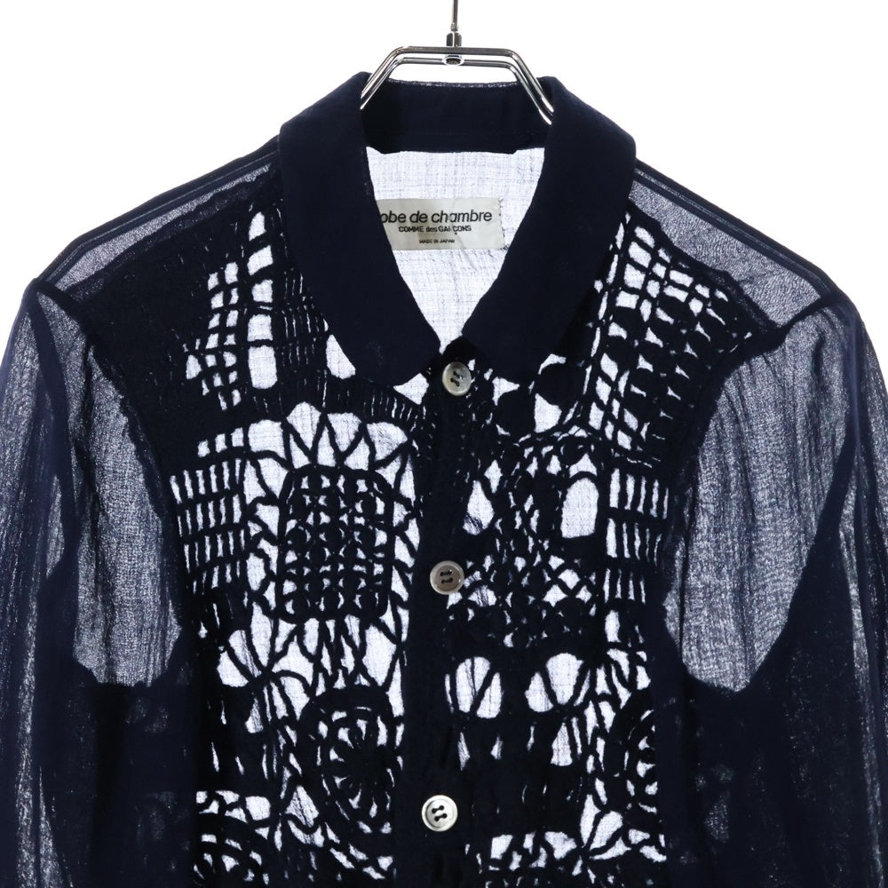 robe de chambre COMME des GARCONS(ローブドシャンブル コムデギャルソン) 94SS ウール 編み込み ドッキング クロップド 長袖シャツ ブラウス ブラック/ネイビー RJ-100030 AD1993 レディース