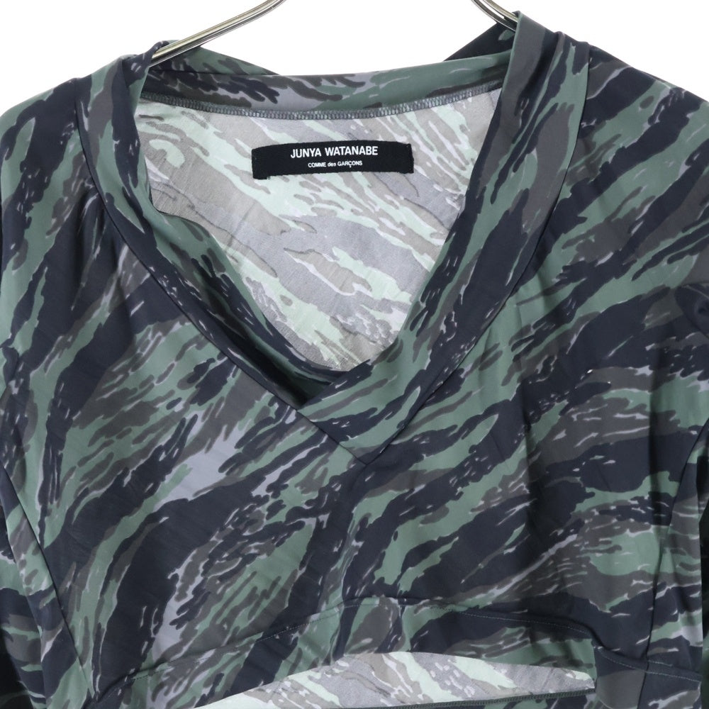 JUNYA WATANABE COMME des GARCONS(ジュンヤワタナベ コムデギャルソン) 94SS 総柄 カモフラ オーバークロスVネック ポリエステル ロングスリーブ クロップド 長袖Tシャツ グリーン JB-100220 AD1993 レディース